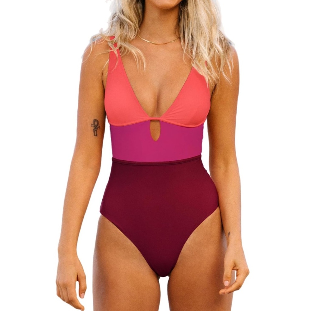 Cupshe Colorblock V-Neck One-Piece Swimsuit in Coral, Magenta & Burgundy